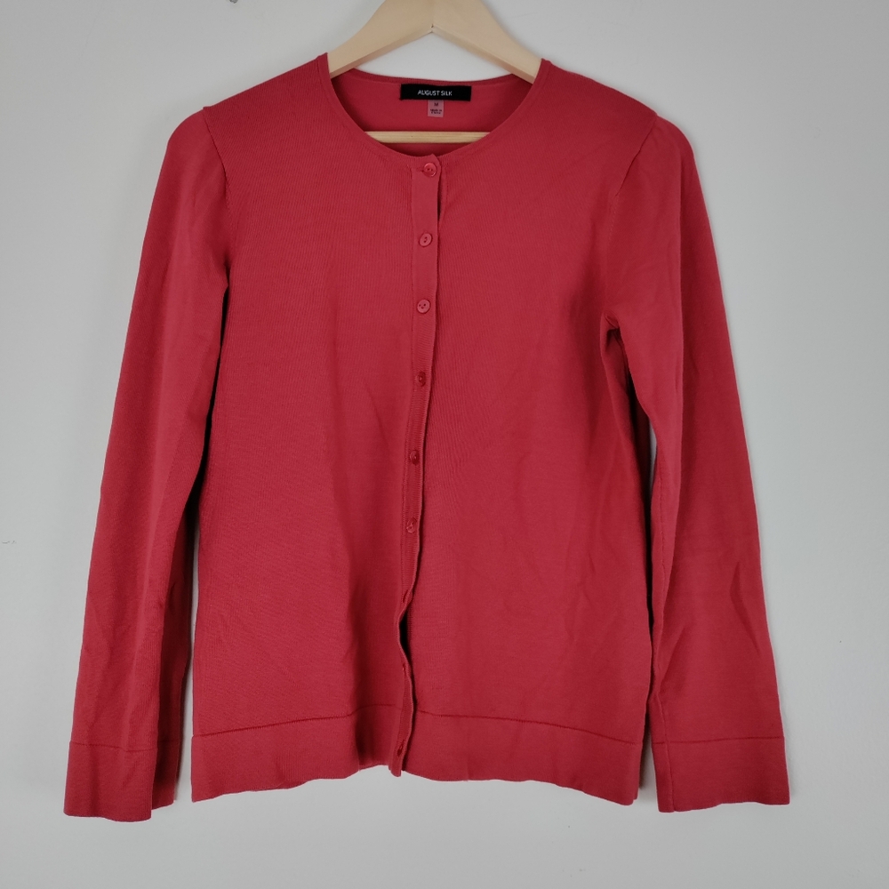 August Silk Button up Silk blend Size M Scoop neck Long Sleeve Sweater
